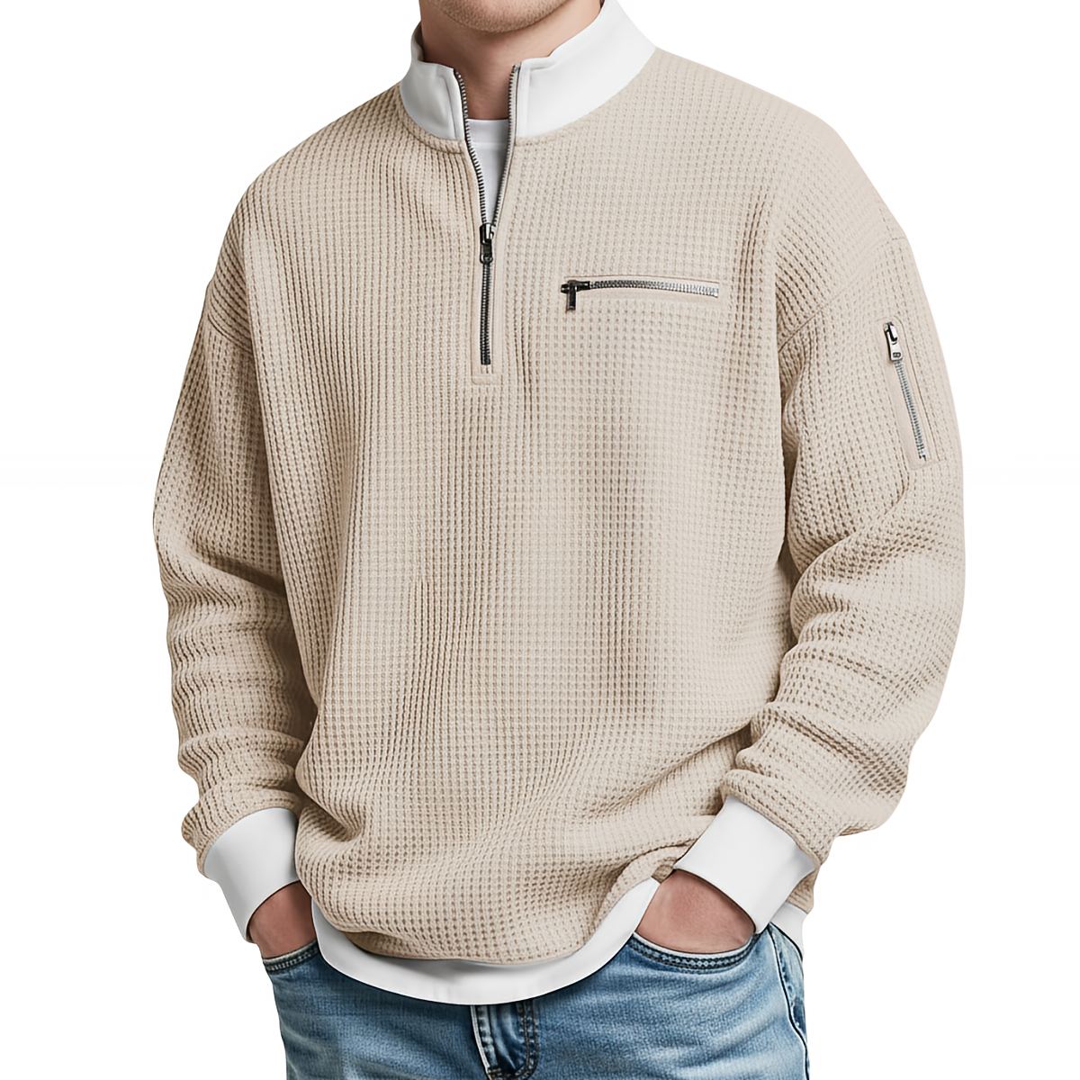 Waffle Knit Half-Zip Sweater - Beige