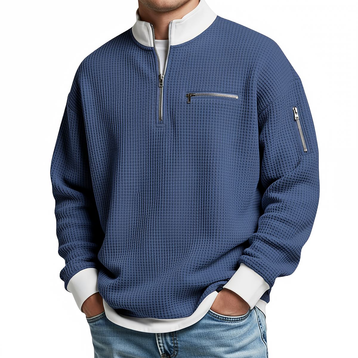Waffle Knit Half-Zip Sweater - Royal Blue