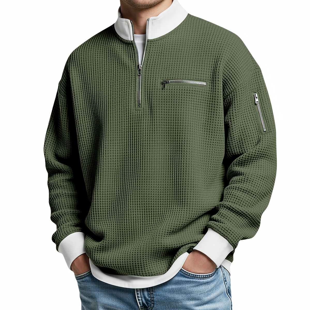 Waffle Knit Half-Zip Sweater - Army Green