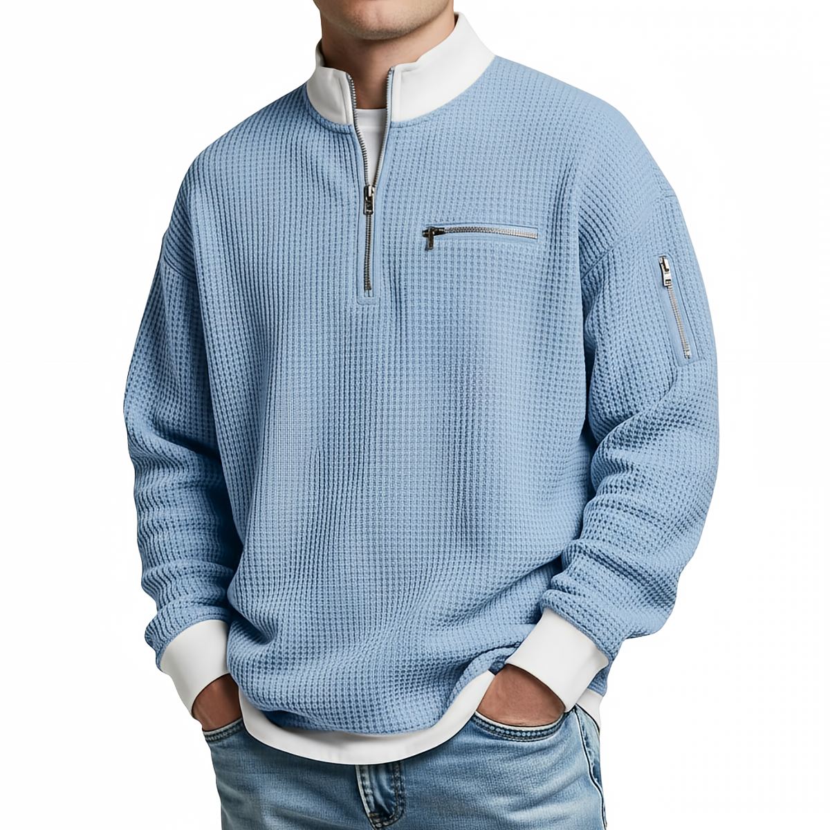 Waffle Knit Half-Zip Sweater - Light Blue