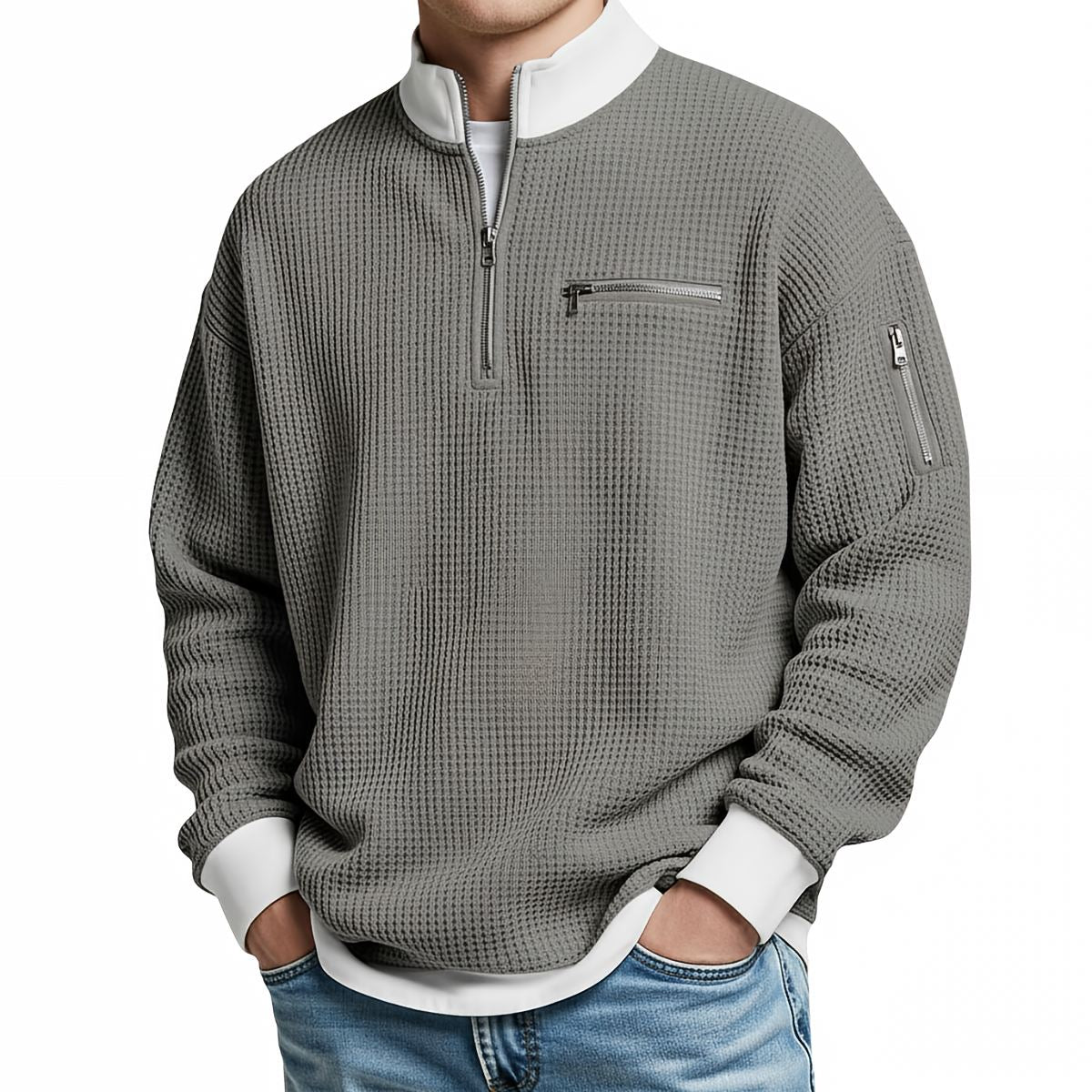 Waffle Knit Half-Zip Sweater - Light Gray
