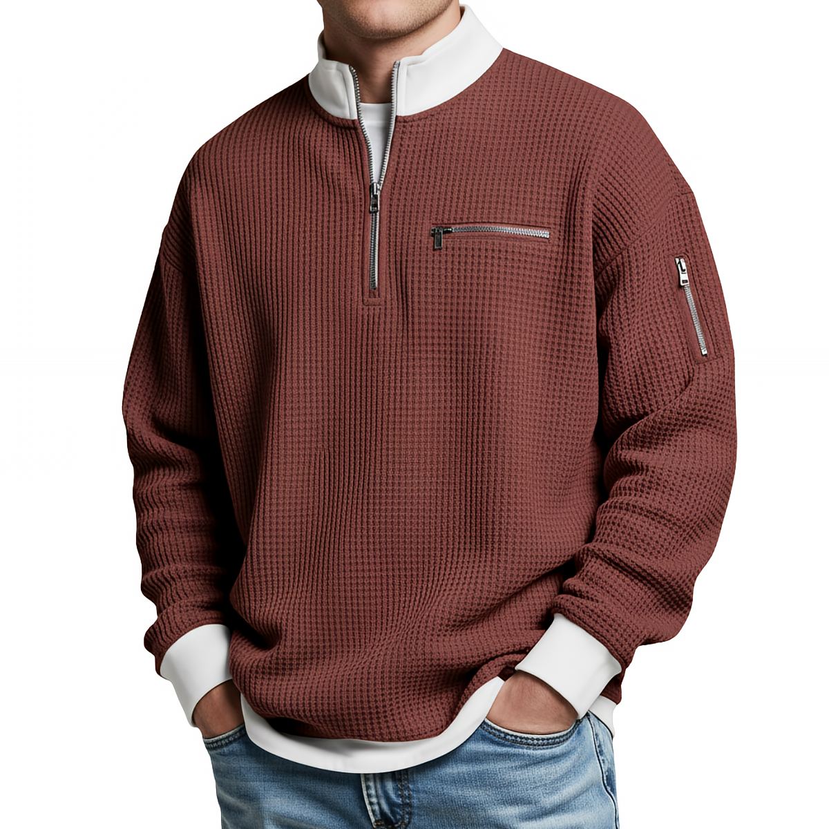 Waffle Knit Half-Zip Sweater - Brick Red