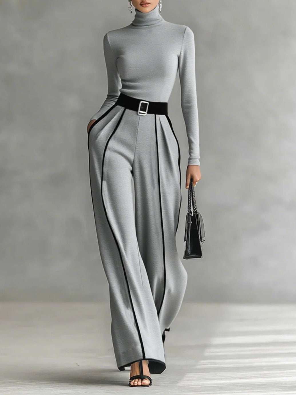 Angela Contrast-Piping Turtleneck & Wide Pants Set