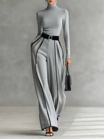 Angela Contrast-Piping Turtleneck & Wide Pants Set