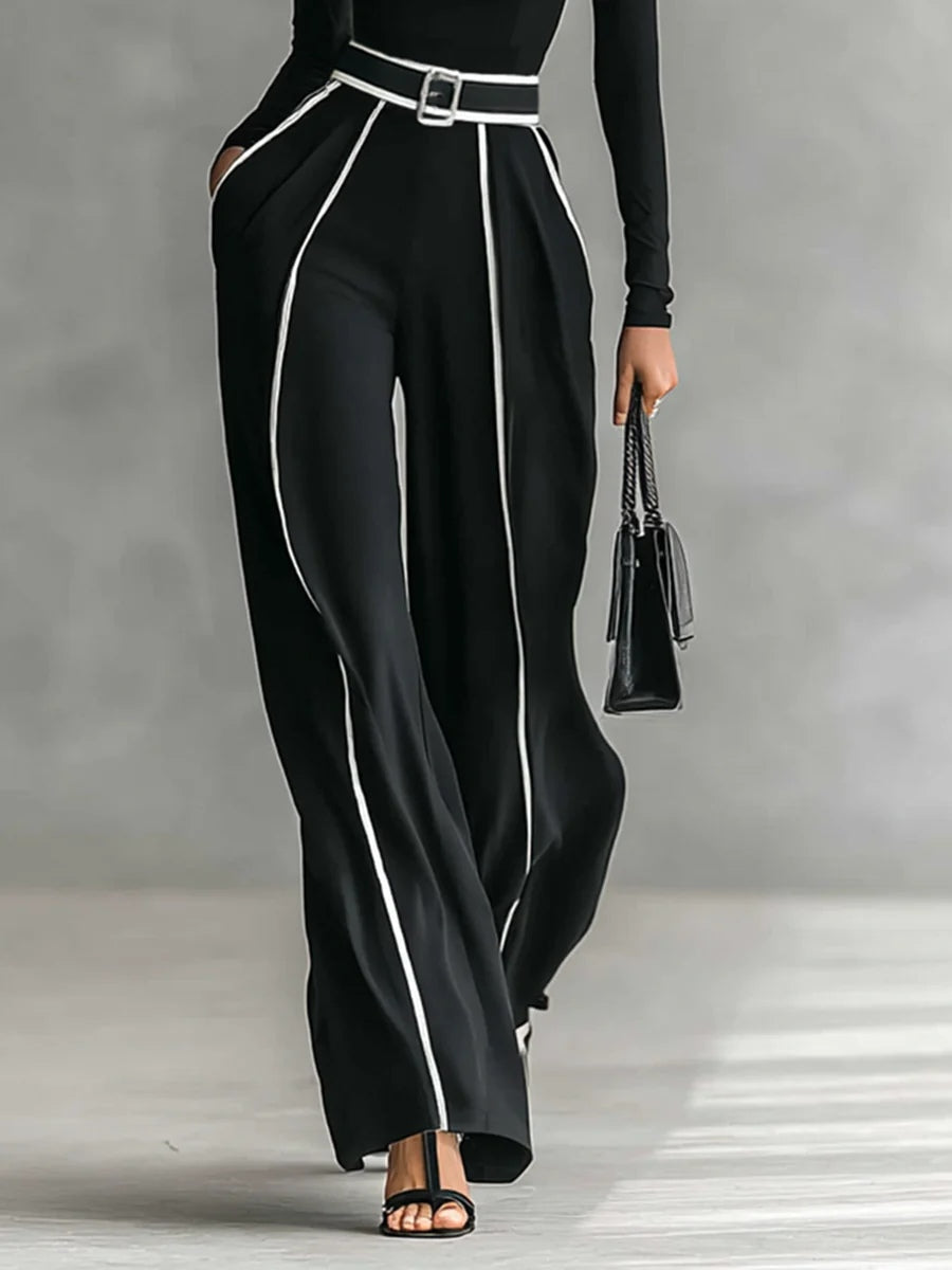 Angela Contrast-Piping Turtleneck & Wide Pants Set