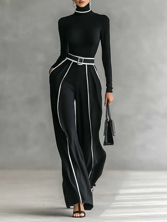 Angela Contrast-Piping Turtleneck & Wide Pants Set