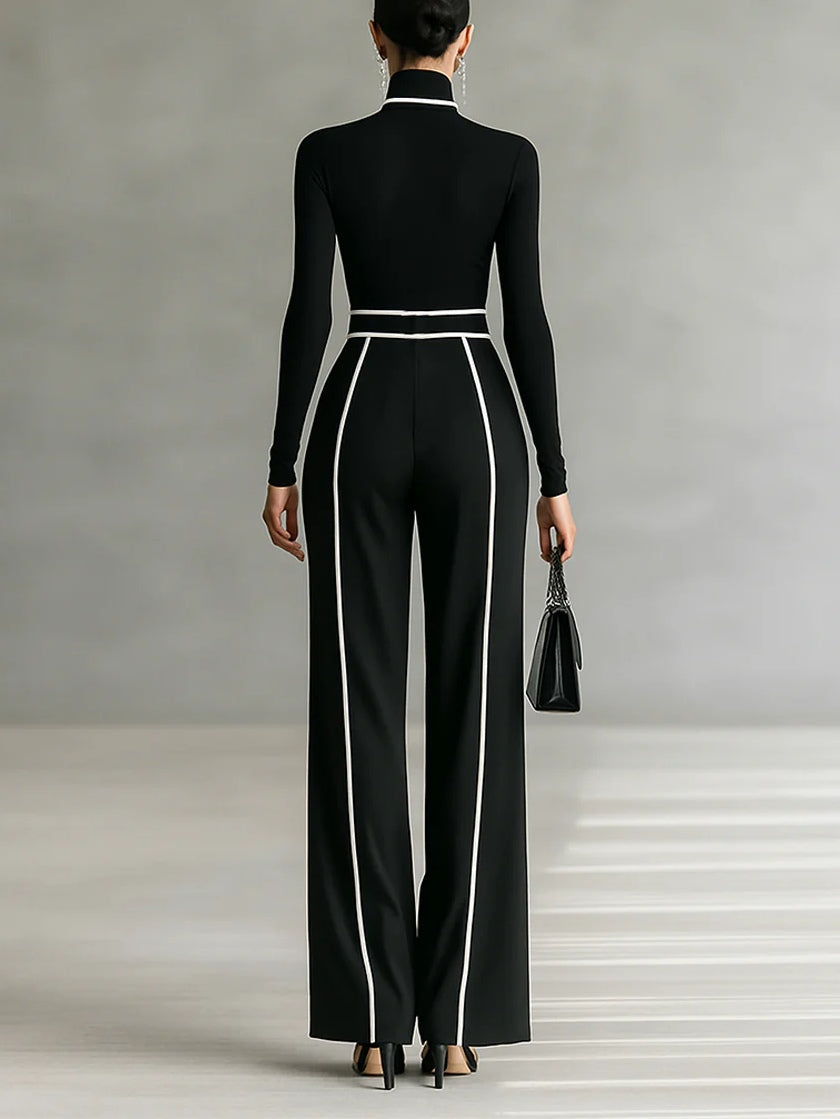 Angela Contrast-Piping Turtleneck & Wide Pants Set