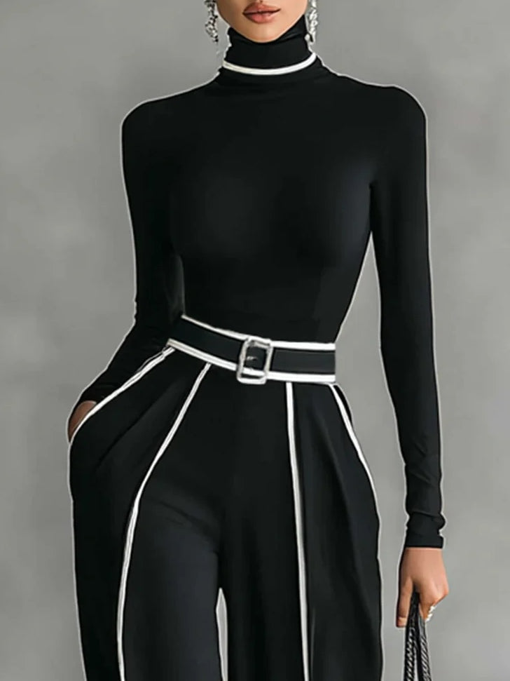 Angela Contrast-Piping Turtleneck & Wide Pants Set