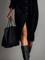 Rosaria suede-look midi shirt dress - black, side slit