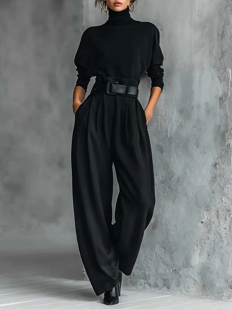 Ida Turtleneck & Belted Wide-Leg Pants Set