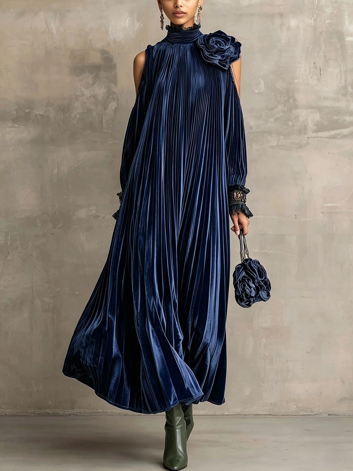 Silvia Pleated Floral-Shoulder Maxi Dress