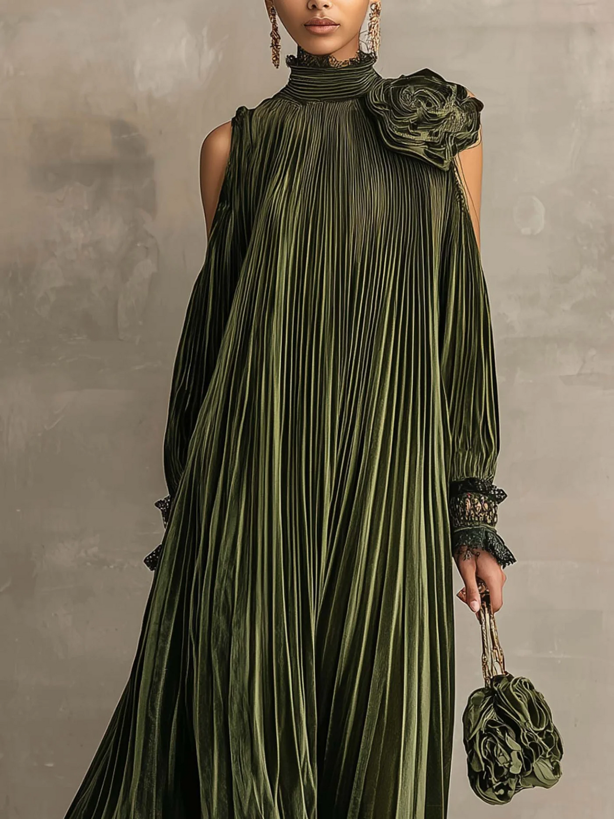 Silvia Pleated Floral-Shoulder Maxi Dress
