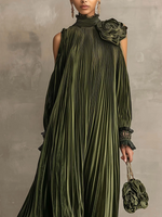 Silvia Pleated Floral-Shoulder Maxi Dress