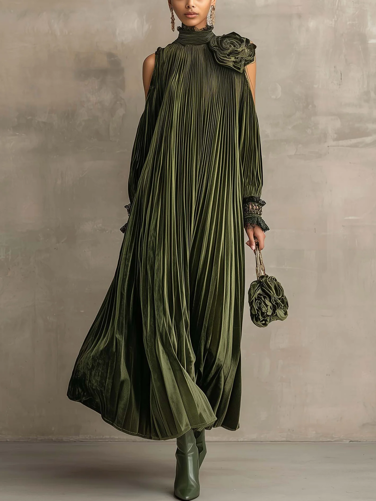 Silvia Pleated Floral-Shoulder Maxi Dress