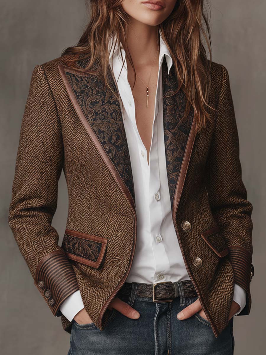 Francesca Herringbone Print-Panel Blazer