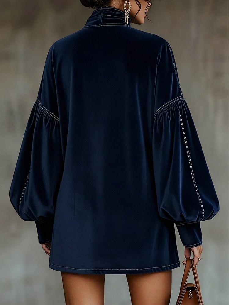 Agata Velvet Bow-Neck Balloon-Sleeve Dress