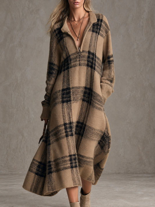 Gemma plaid knit half-zip midi dress - camel