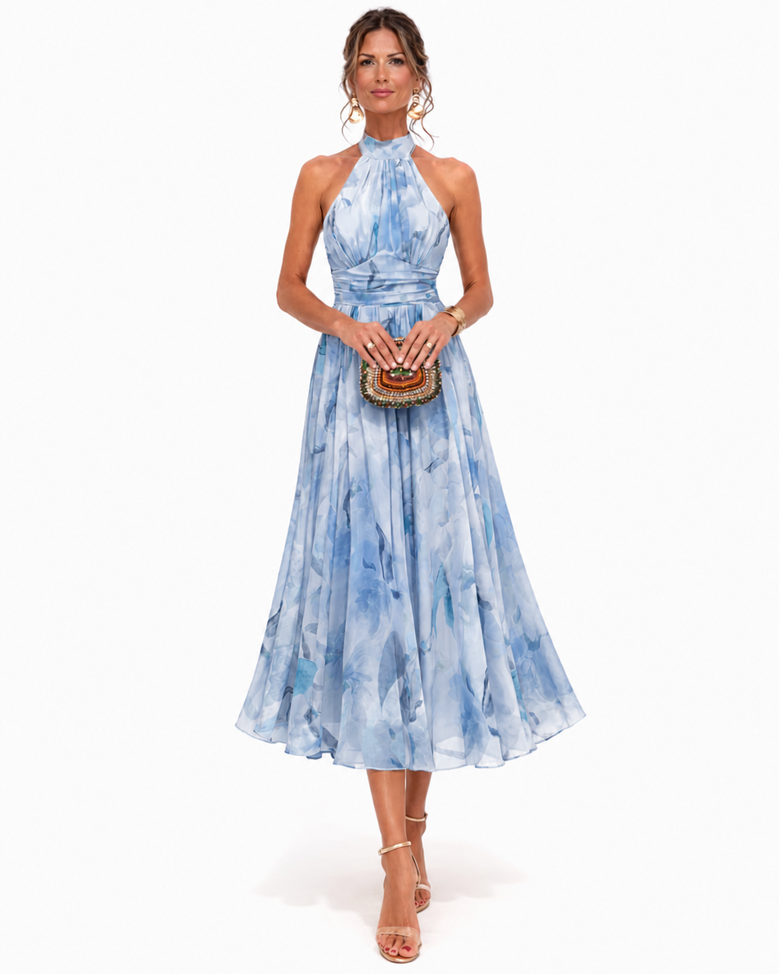 Alessandra Watercolor Halter Midi Dress - Blue Watercolor