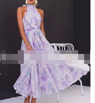 Alessandra Watercolor Halter Midi Dress - Lilac Watercolor