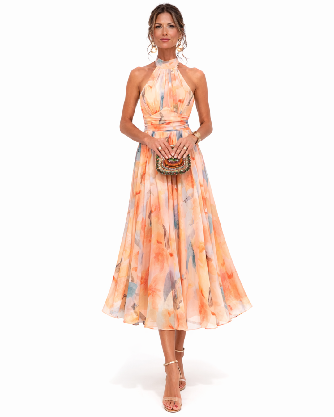 Alessandra Watercolor Halter Midi Dress - Peach Watercolor