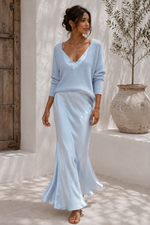 Alma Satin Slip Dress & Knit Sweater Set - Light Blue