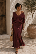 Alma Satin Slip Dress & Knit Sweater Set - Burgundy