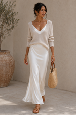 Alma Satin Slip Dress & Knit Sweater Set - Cream