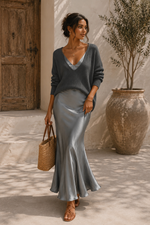 Alma Satin Slip Dress & Knit Sweater Set - Gray