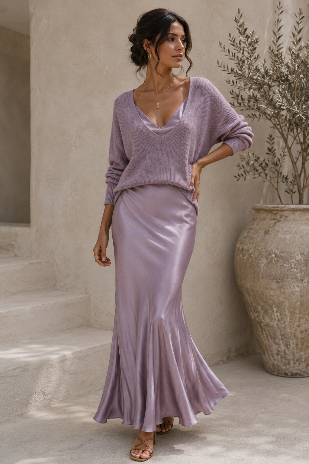 Alma Satin Slip Dress & Knit Sweater Set - Lilac