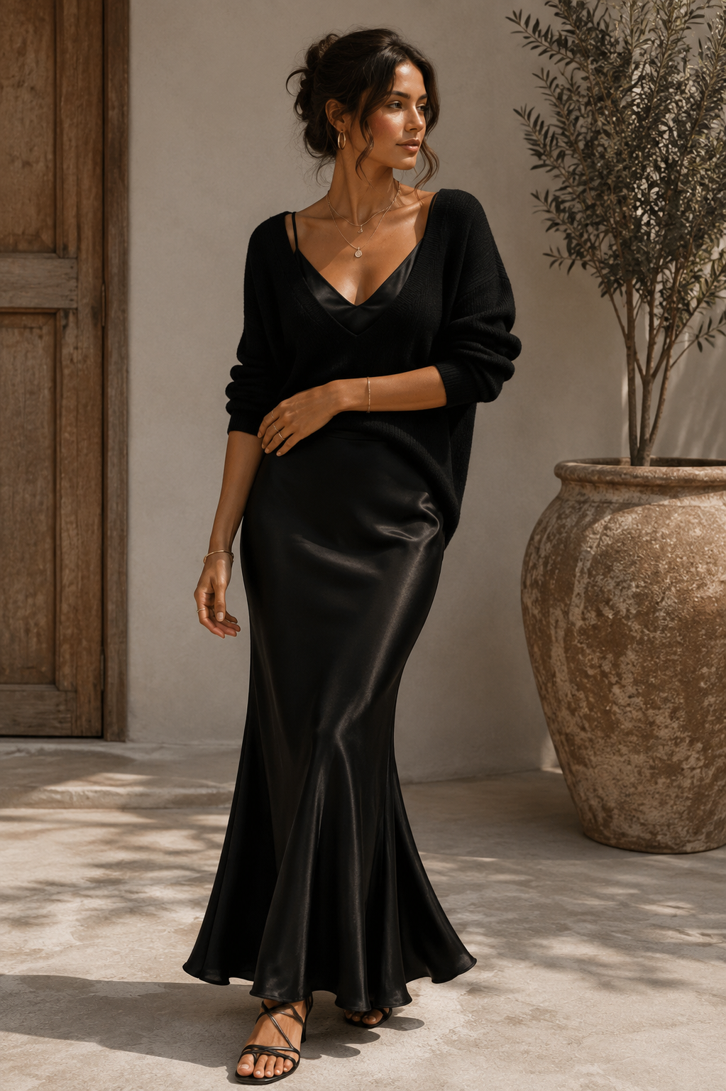 Alma Satin Slip Dress & Knit Sweater Set - Black