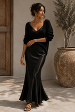 Alma Satin Slip Dress & Knit Sweater Set - Black