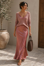 Alma Satin Slip Dress & Knit Sweater Set - Dusty Rose