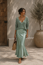 Alma Satin Slip Dress & Knit Sweater Set - Sage