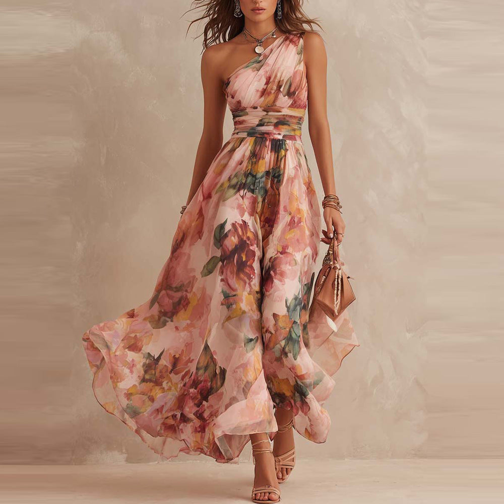 Aurora Floral One-Shoulder Maxi Dress - Peach Floral