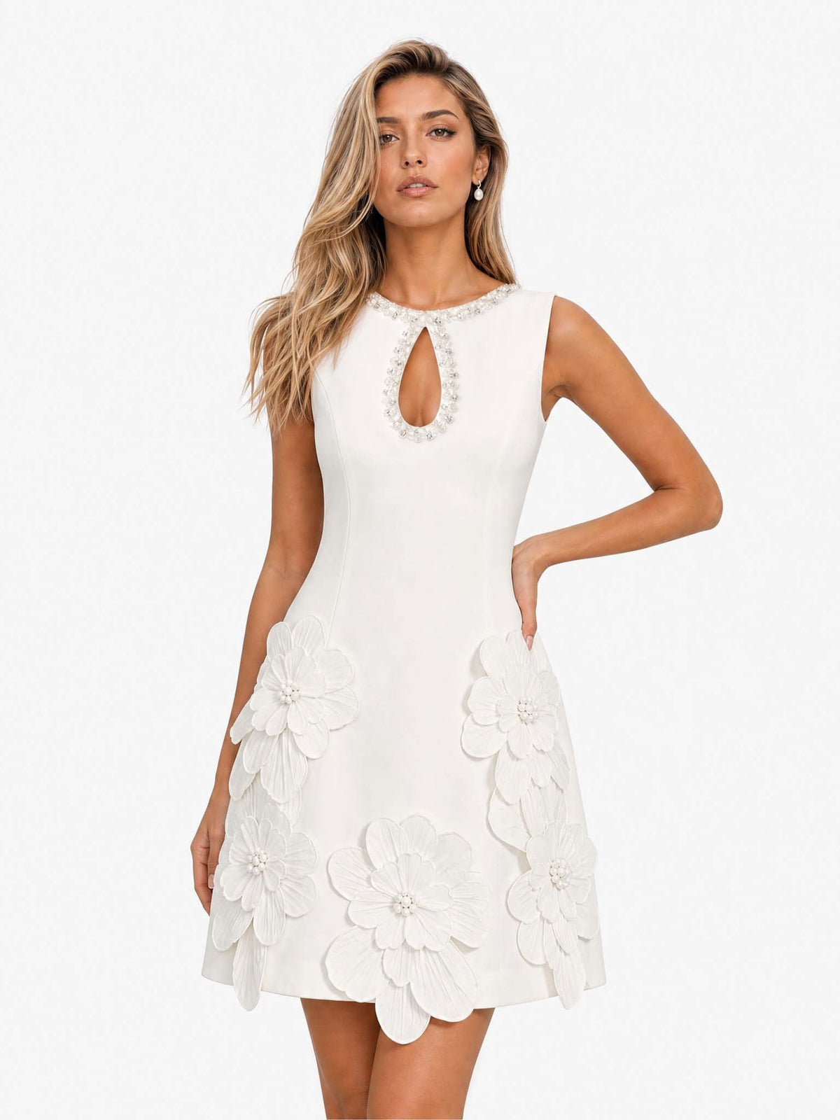 Bettina Floral Appliqué Sleeveless Dress - White