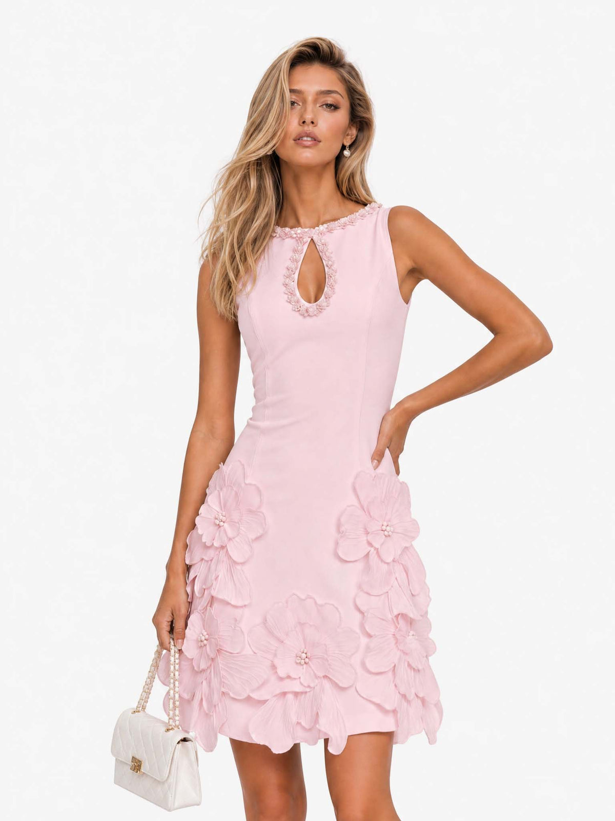 Bettina Floral Appliqué Sleeveless Dress - Light Pink