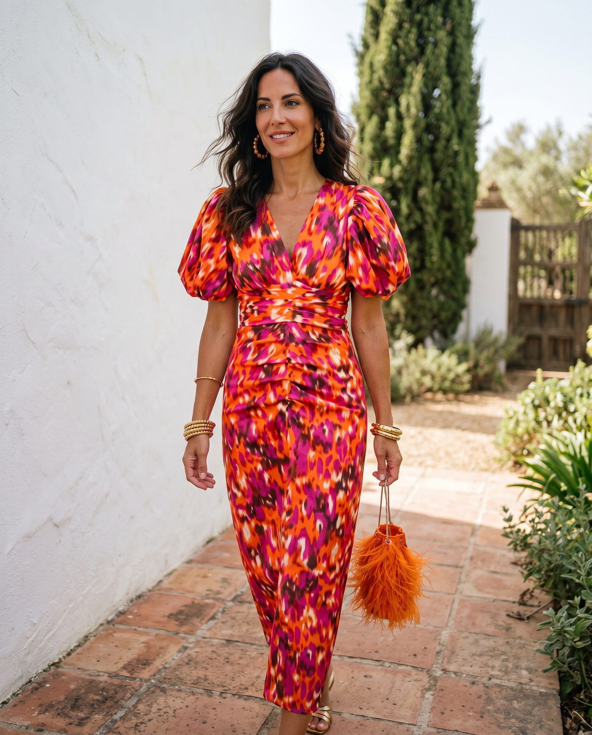 Carla Floral Puff-Sleeve Midi Dress - Orange Floral