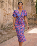 Carla Floral Puff-Sleeve Midi Dress - Purple Floral