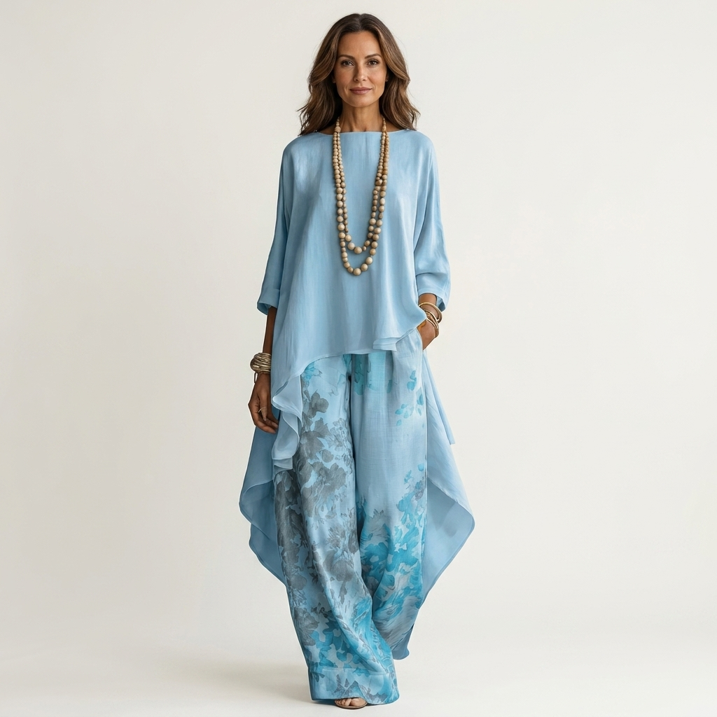 Carola Asymmetric Tunic & Wide-Leg Pants Set - Light Blue