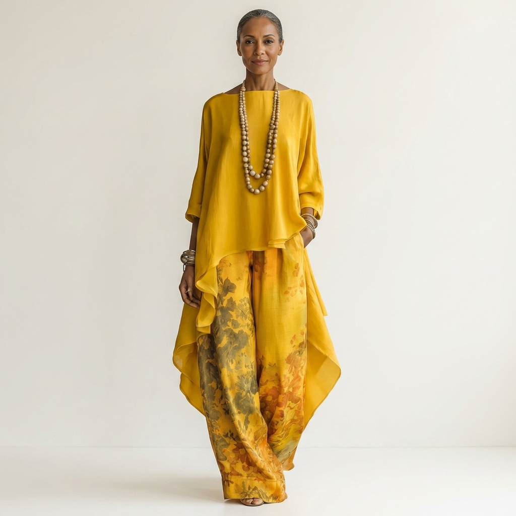 Carola Asymmetric Tunic & Wide-Leg Pants Set - Yellow