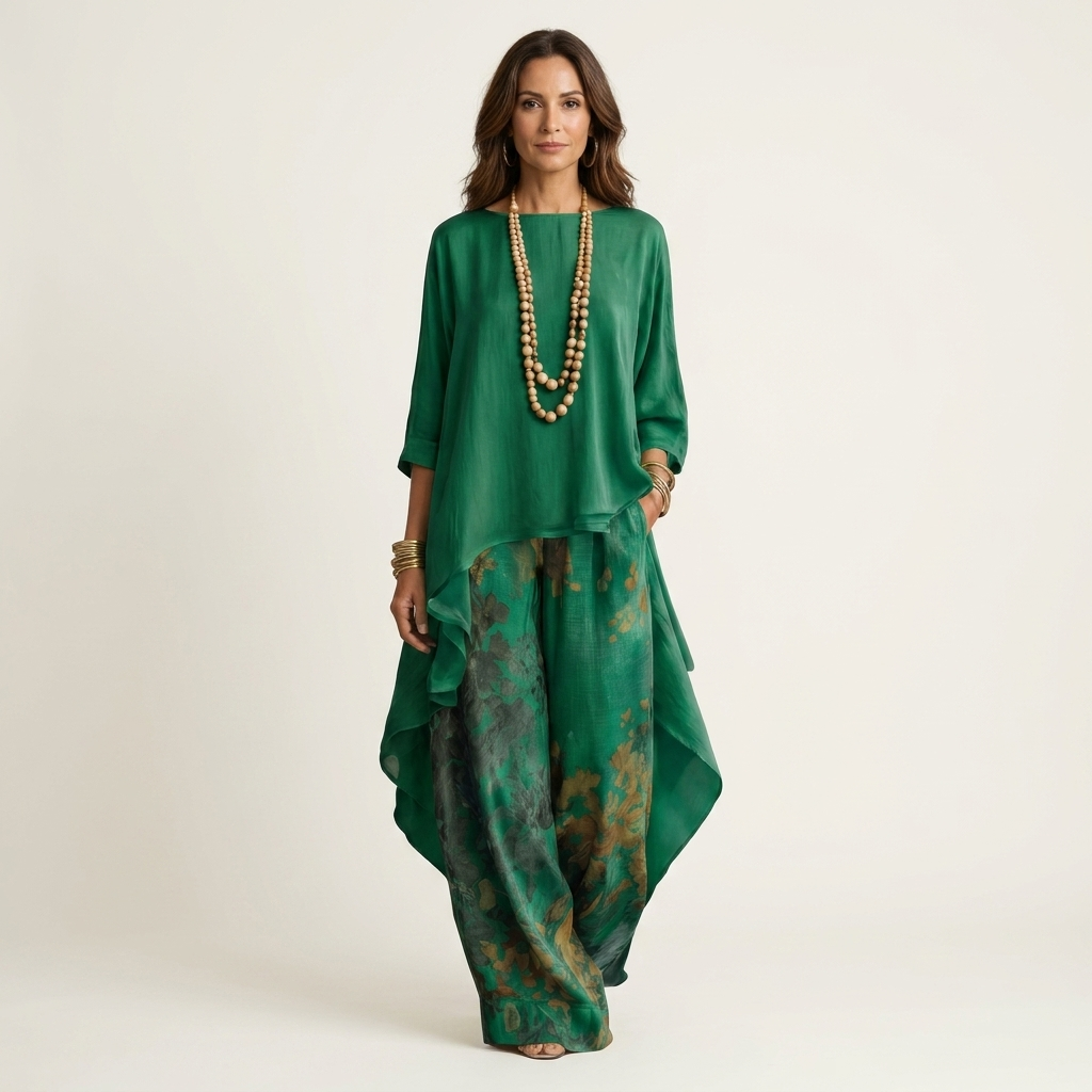 Carola Asymmetric Tunic & Wide-Leg Pants Set - Green