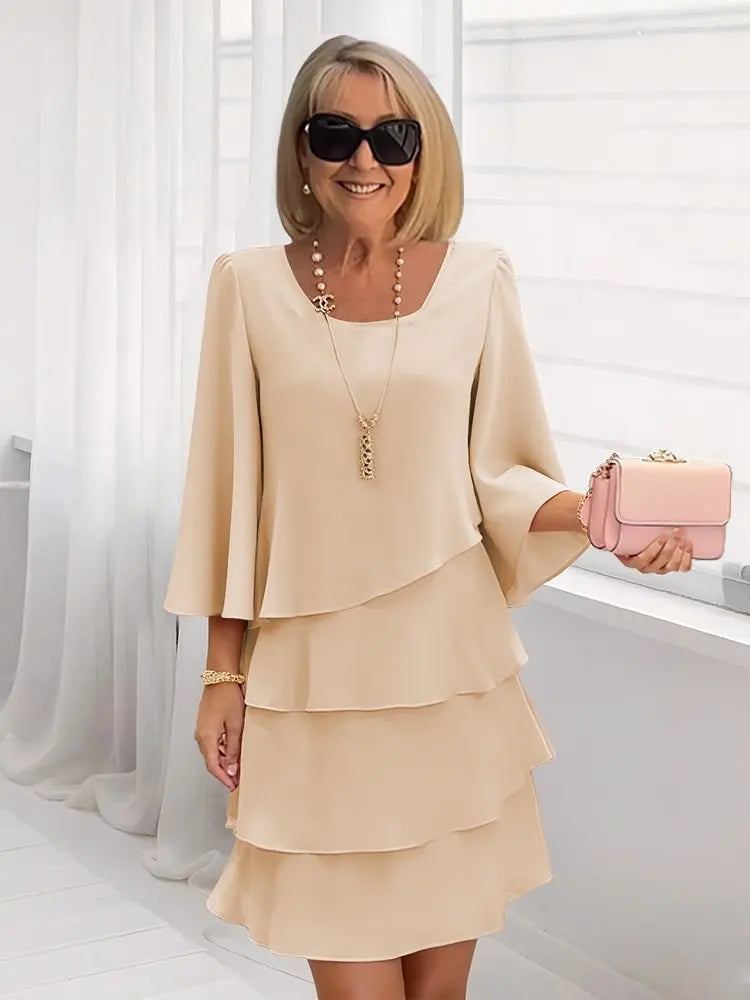 Caterina Tiered Bell-Sleeve Dress - Beige