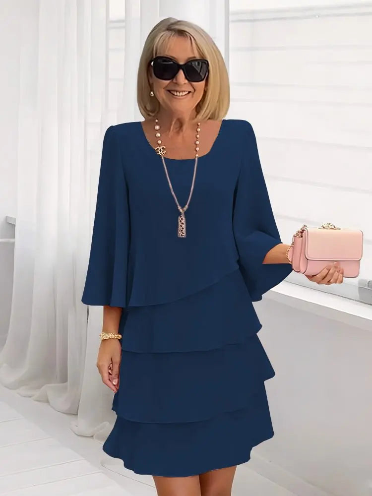 Caterina Tiered Bell-Sleeve Dress - Navy