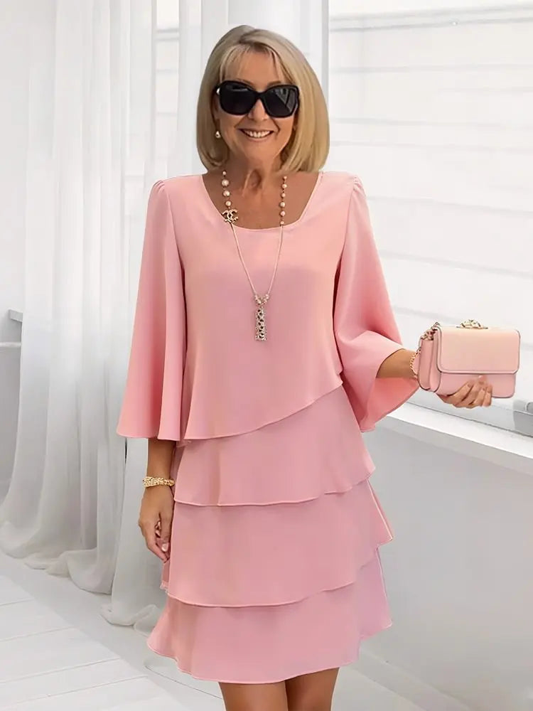 Caterina Tiered Bell-Sleeve Dress - Pink