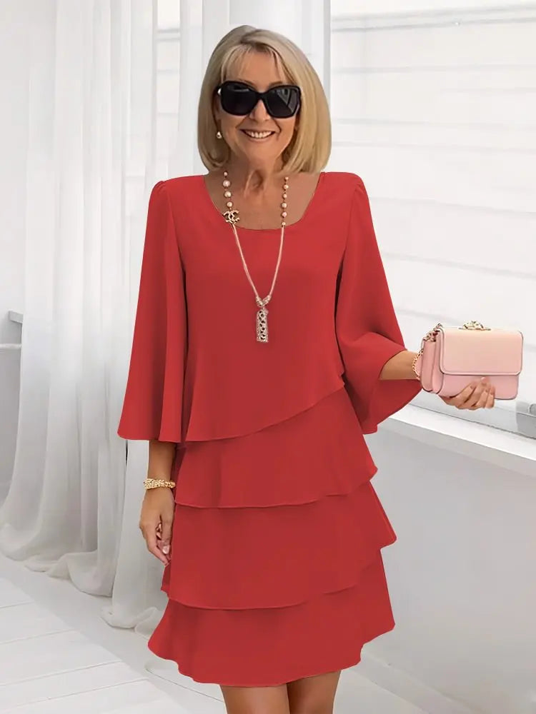 Caterina Tiered Bell-Sleeve Dress - Red