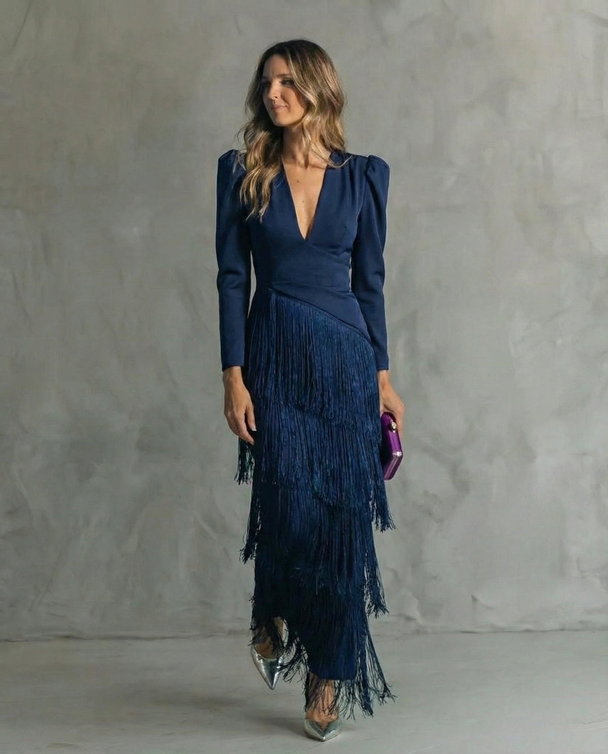 Chiara Fringe V-Neck Maxi Dress - Navy