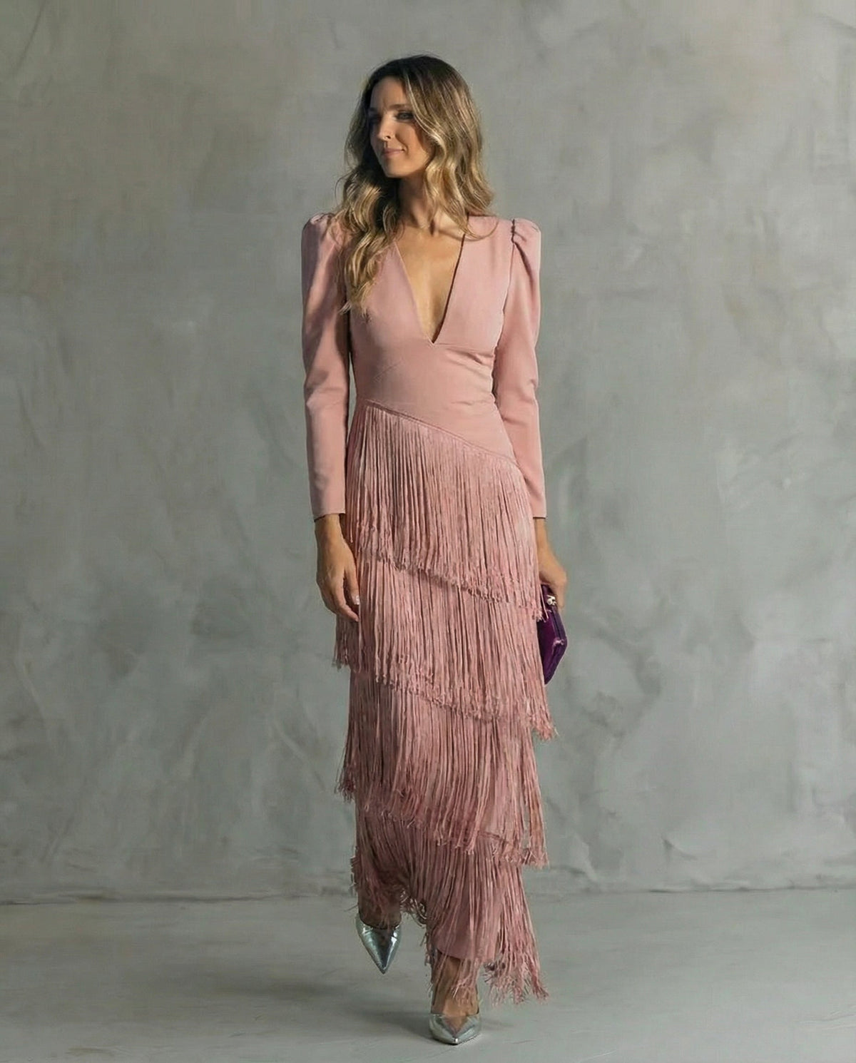 Chiara Fringe V-Neck Maxi Dress - Blush