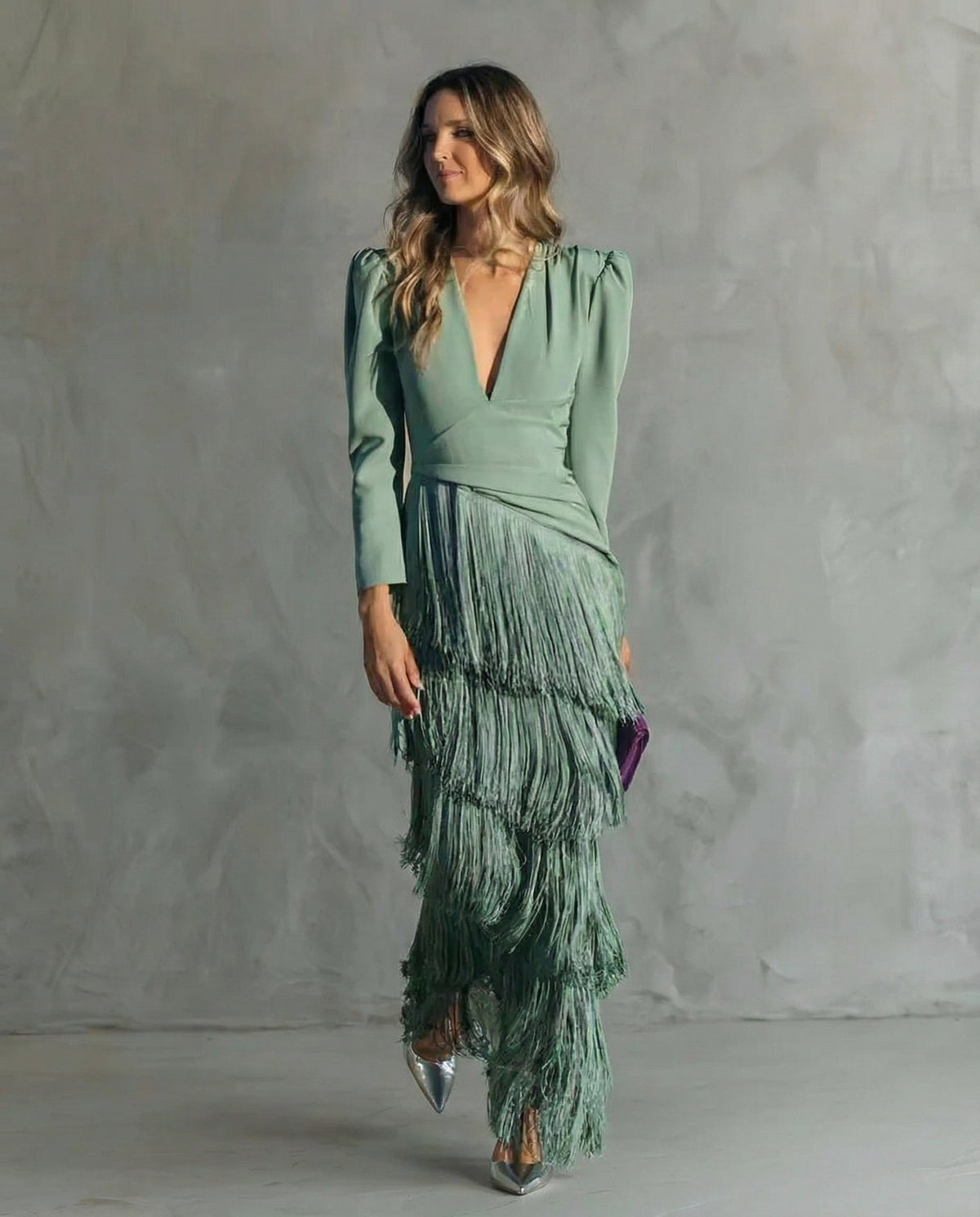 Chiara Fringe V-Neck Maxi Dress - Sage