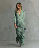 Chiara Fringe V-Neck Maxi Dress - Sage