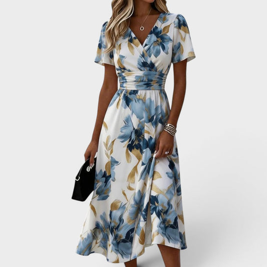 Debora Floral Wrap Midi Dress - White & Blue